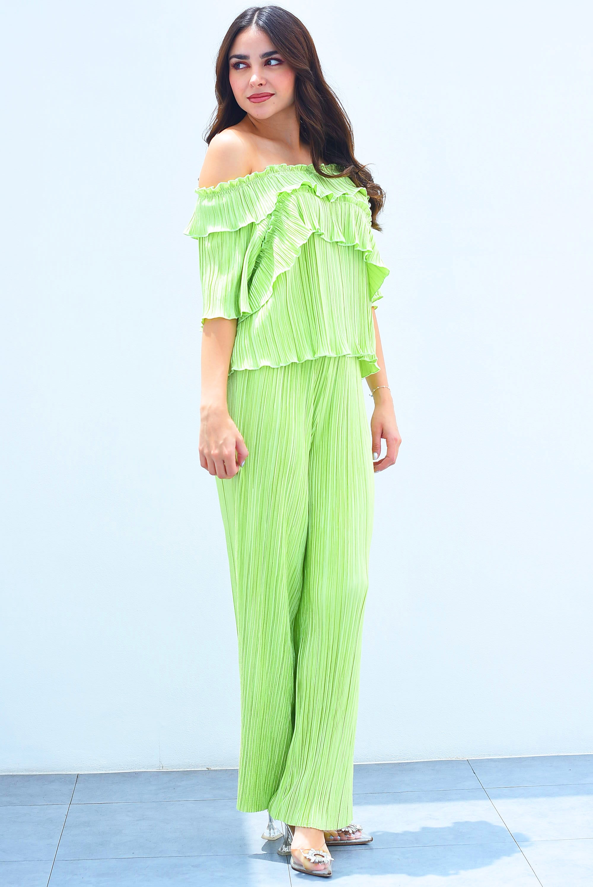 Set Pantalón y Blusa olanes Verde Limón