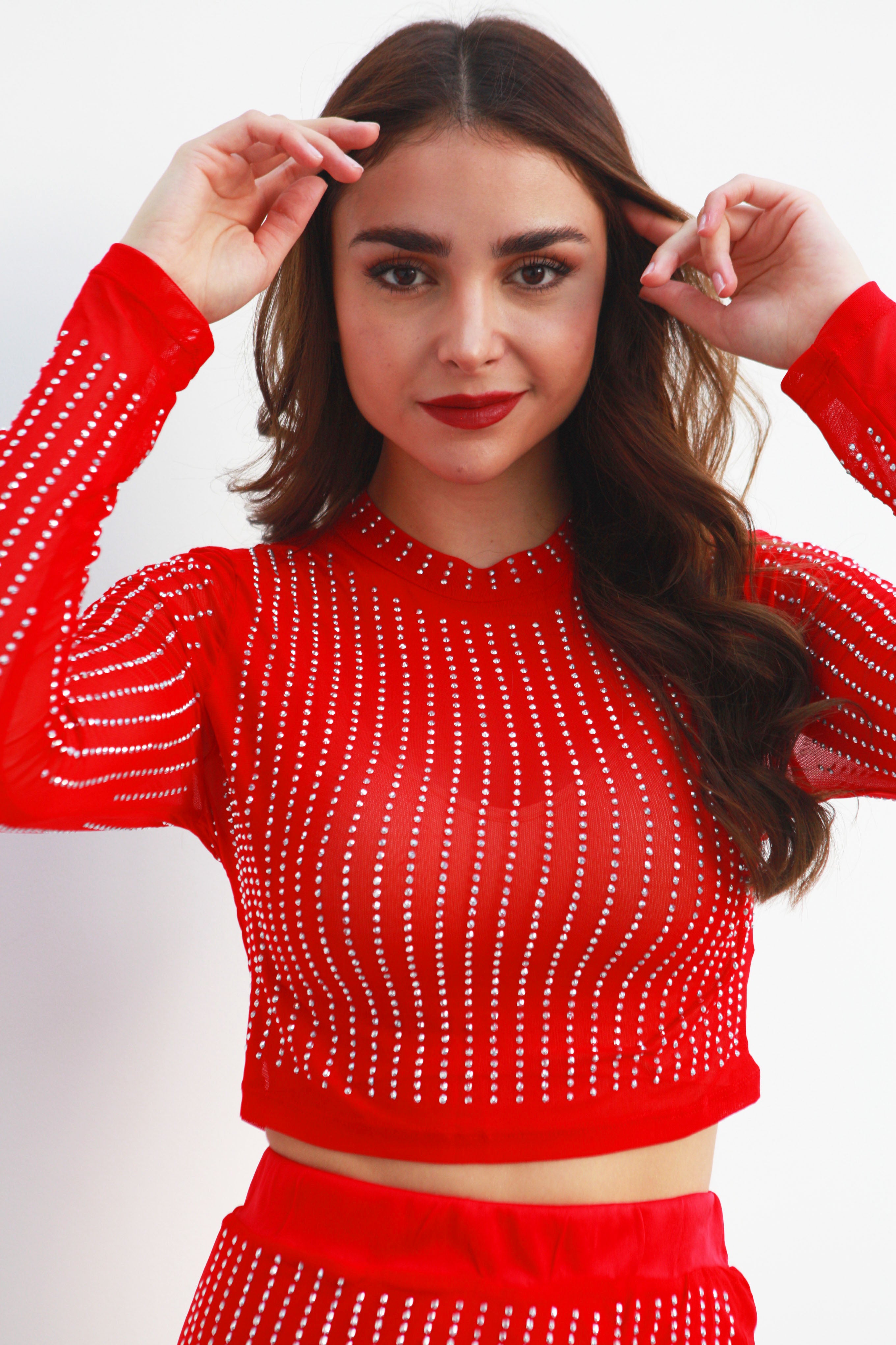 Set Falda y Top mesh brillos Rojo