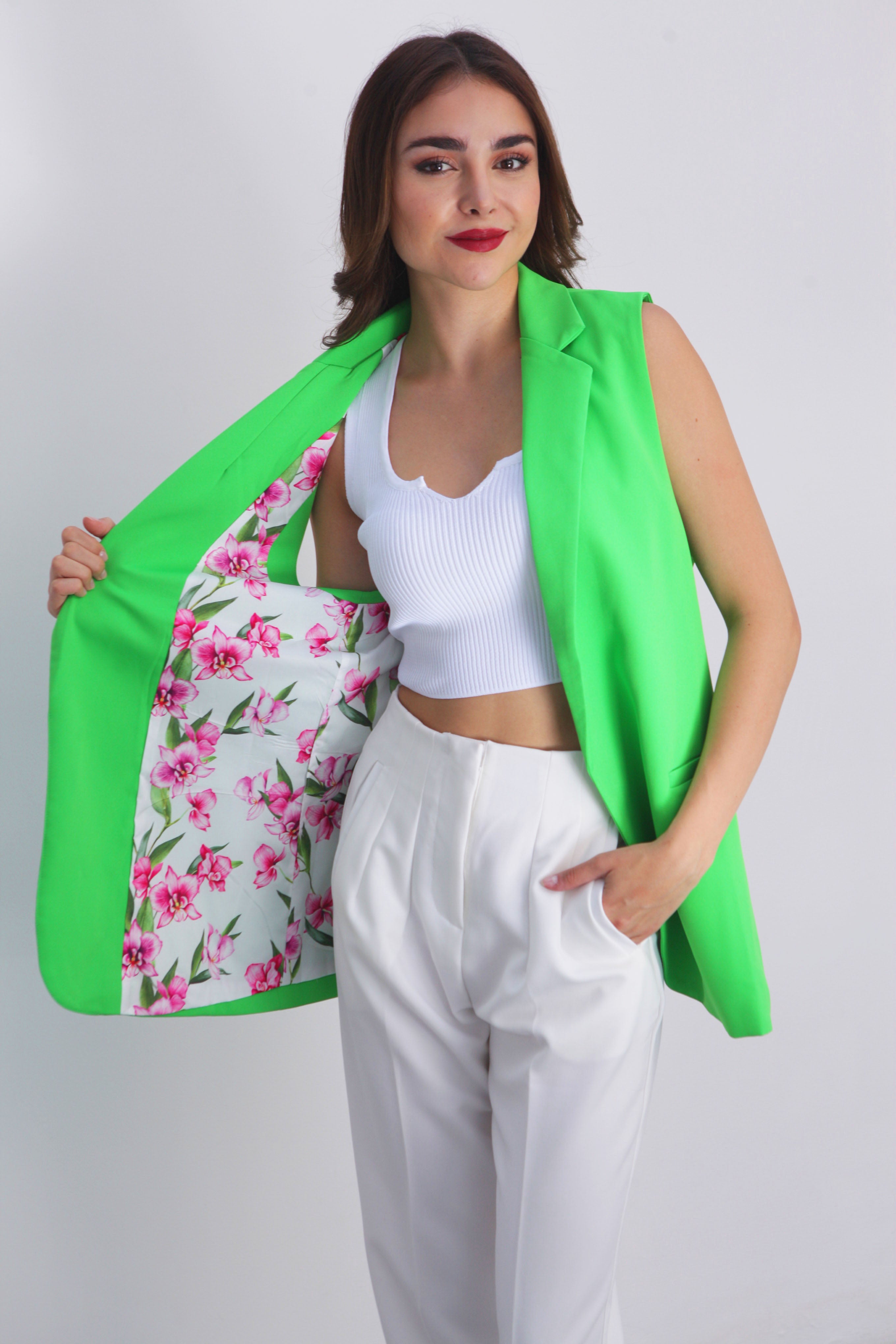 Chaleco de vestir Verde con forro de flores