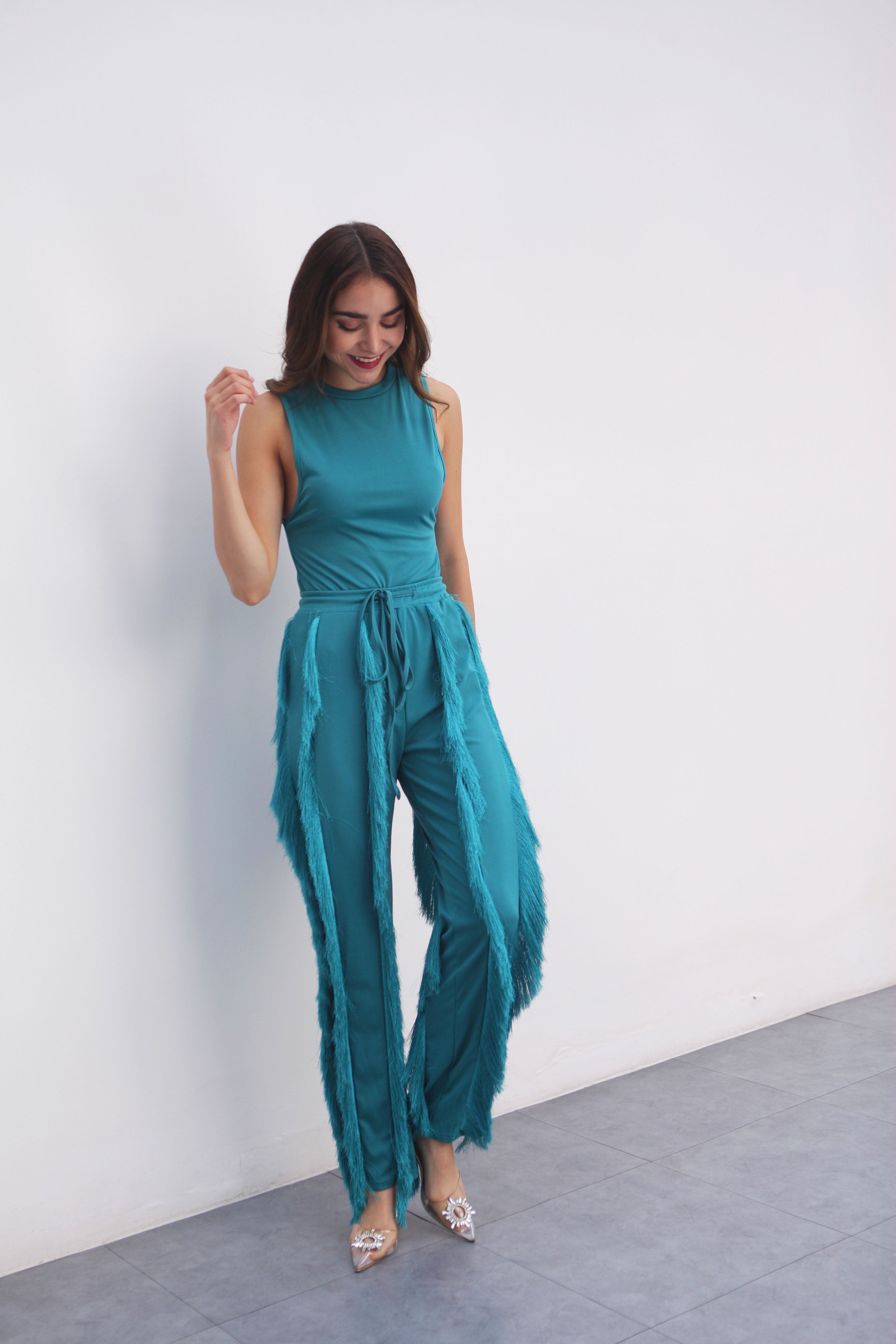 Set Pantalón flecos y Body Aqua