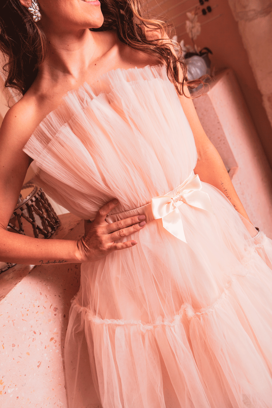 Vestido strapless tulle Rosa Palo