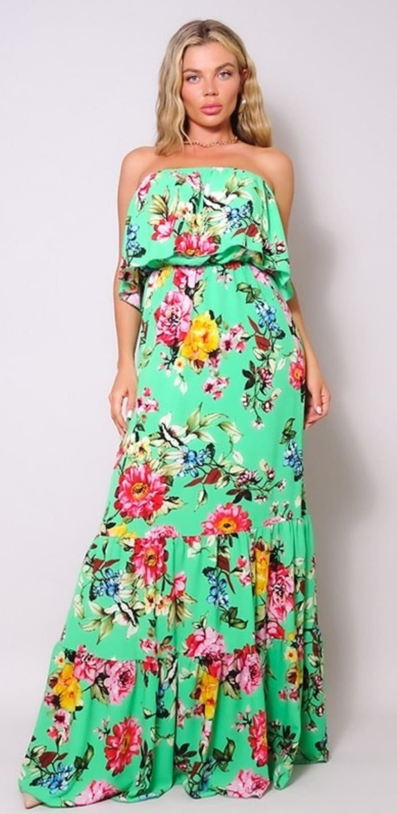 Vestido largo off-shoulders Flores Verde