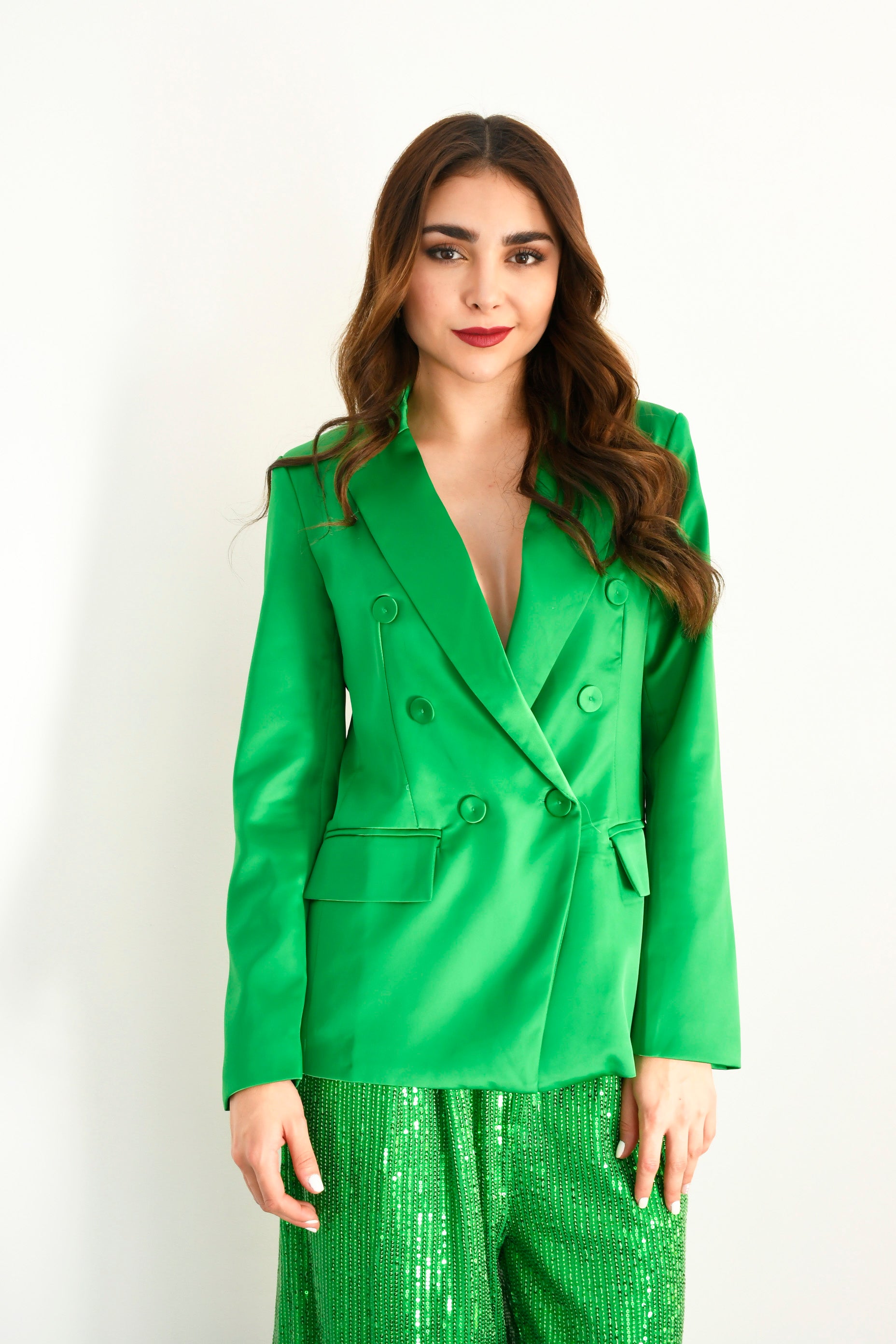 Blazer cruzado botones satín Verde