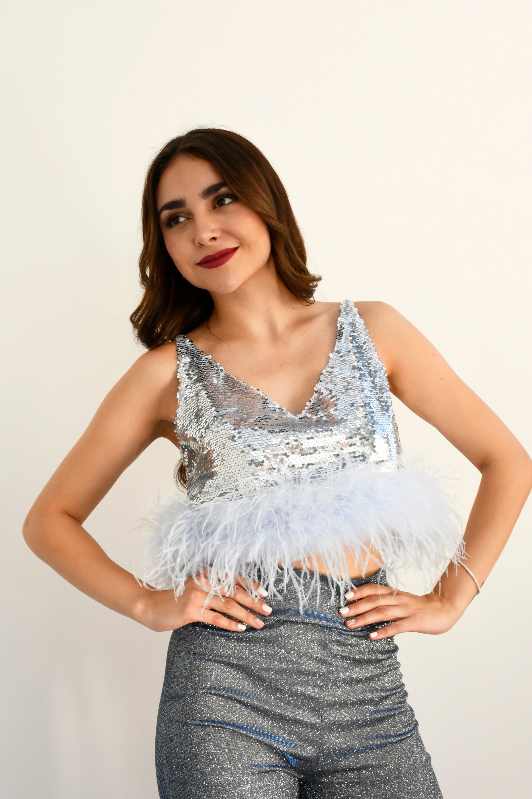 Top lentejuela Plata y plumas Azul