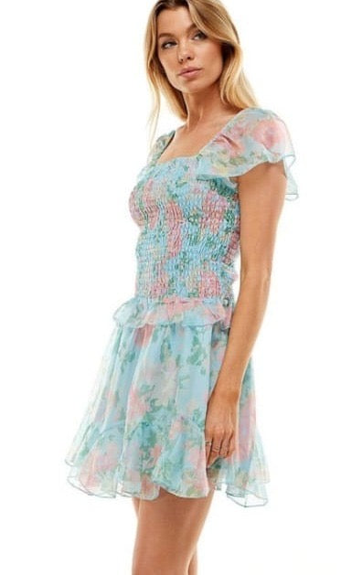 Set Falda y Blusa elástico flores Azul Baby