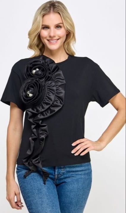 T-Shirt Flores 3D y escarola Negra