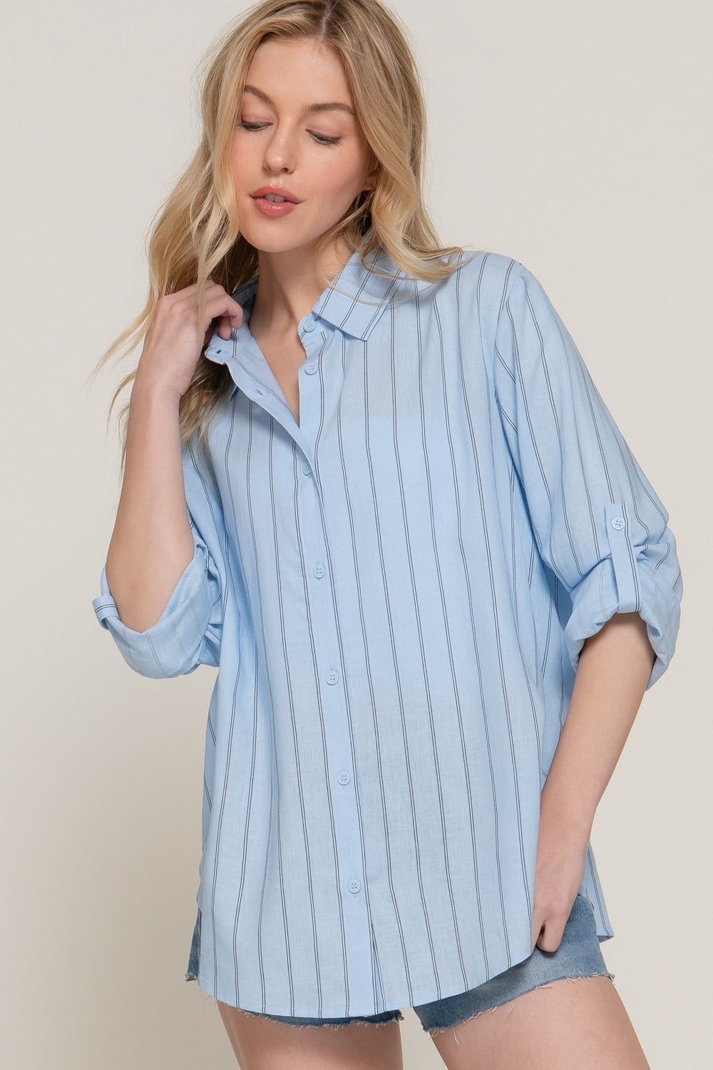Camisa rayas tipo lino Azul