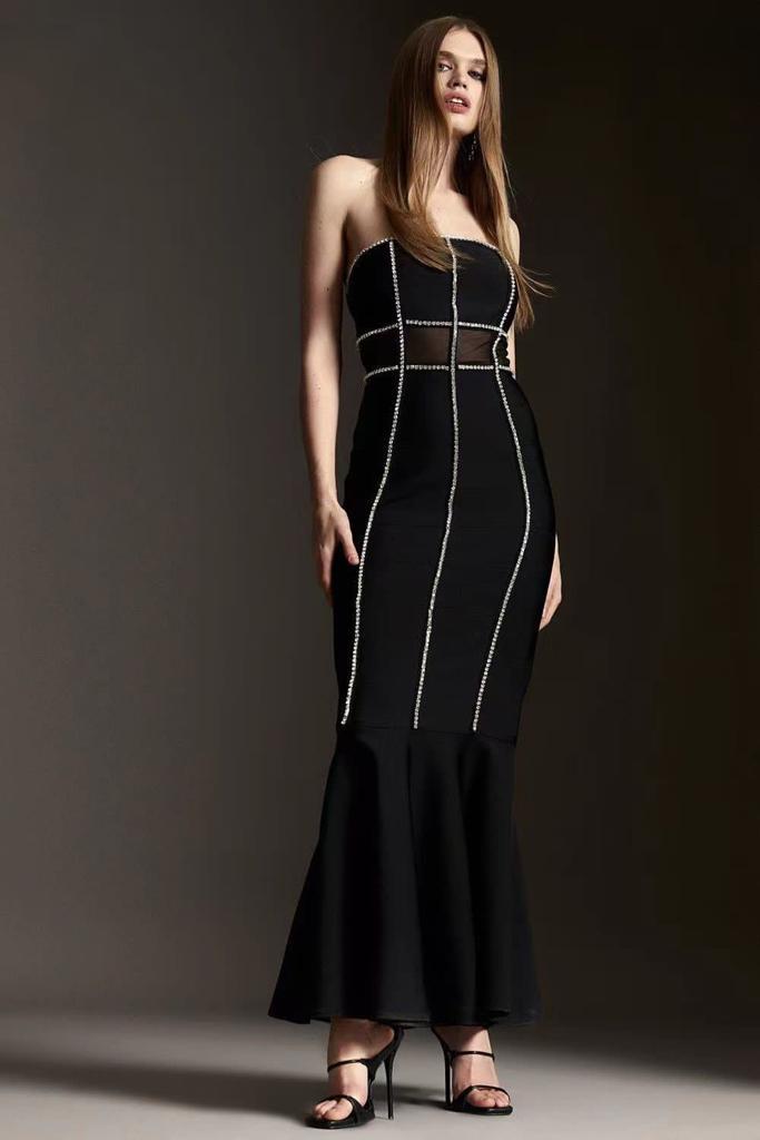 Vestido largo strapless bandage brillos Negro