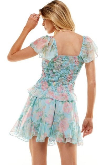 Set Falda y Blusa elástico flores Azul Baby