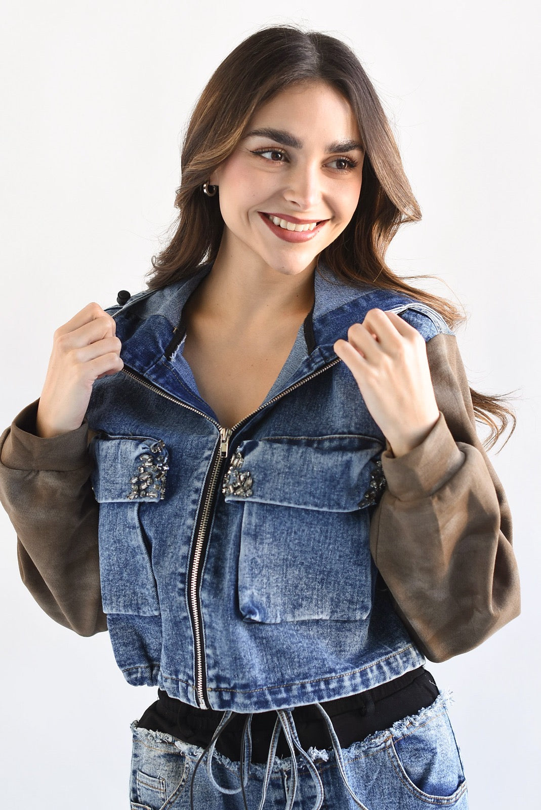 Chamarra Denim Hoodie mangas Café