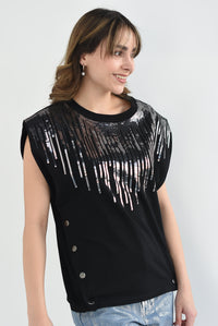 Fashion Styled T-Shirt Negra con lentejuela Plata