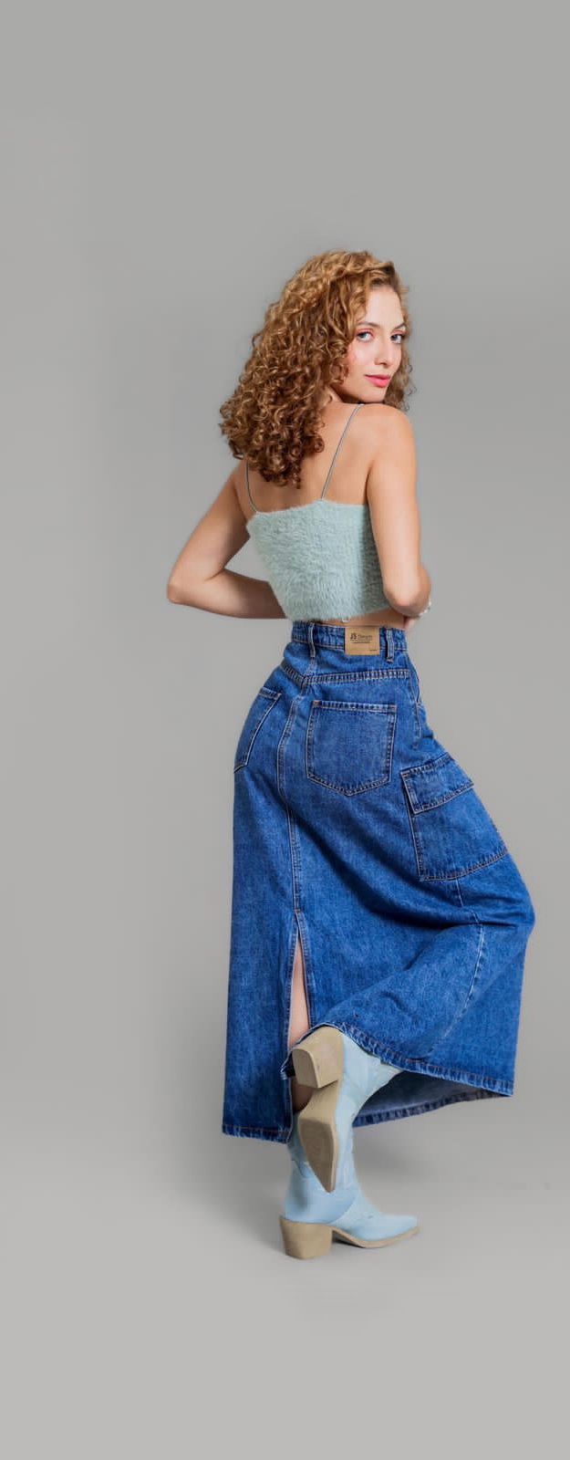 Falda larga denim Cargo abertura trasera