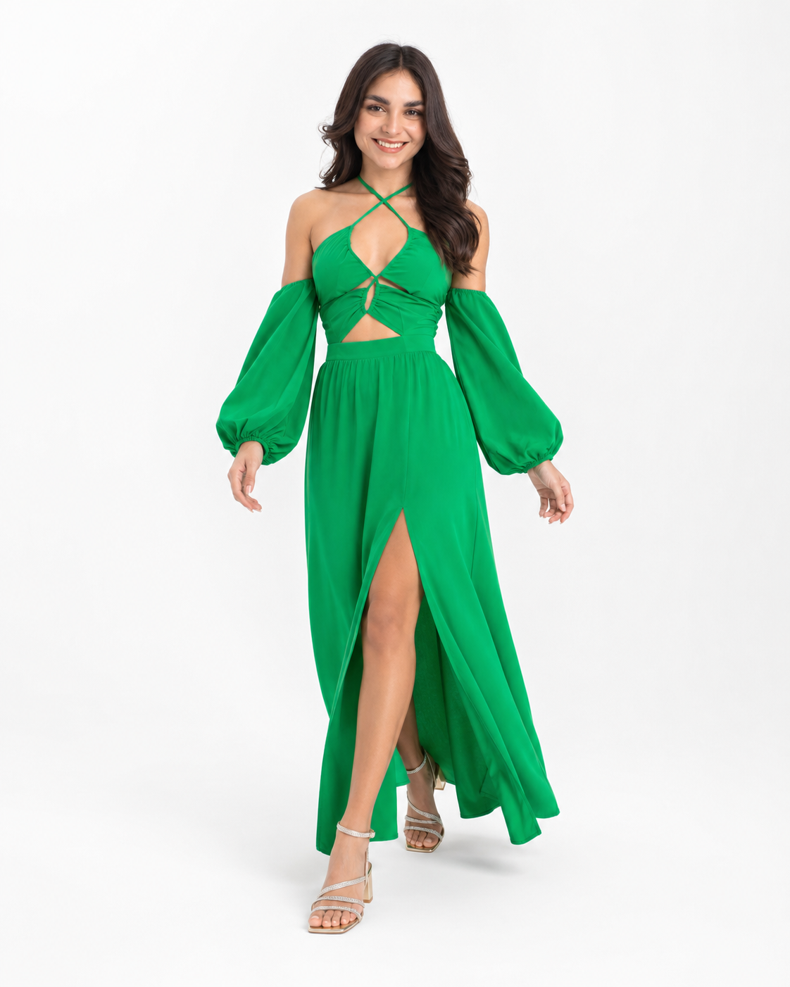 Vestido largo cut-out manga off shoulders Verde