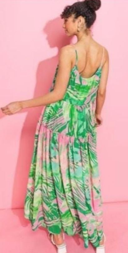 Vestido largo tropical Verde con Rosa