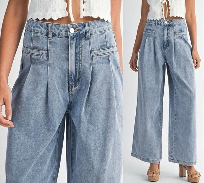 Jeans wide leg pinzas Denim light