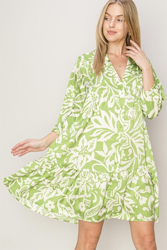 Vestido camisero olán flores Verde