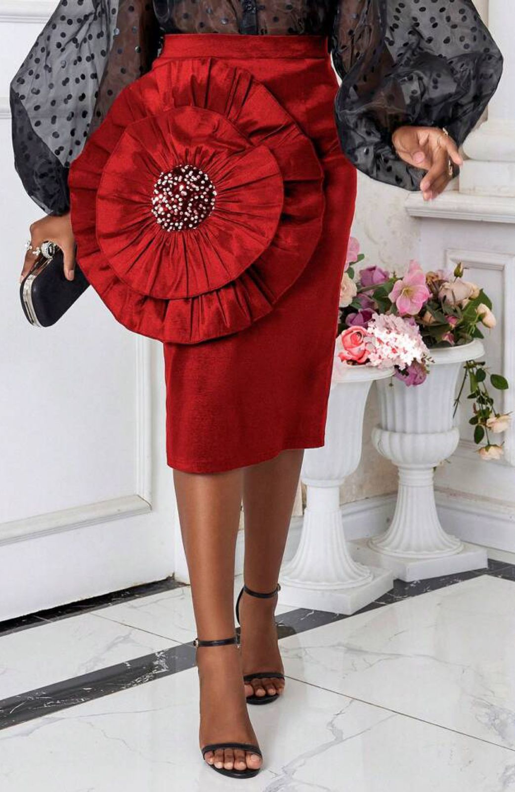 Falda recta maxi flor 3D Roja