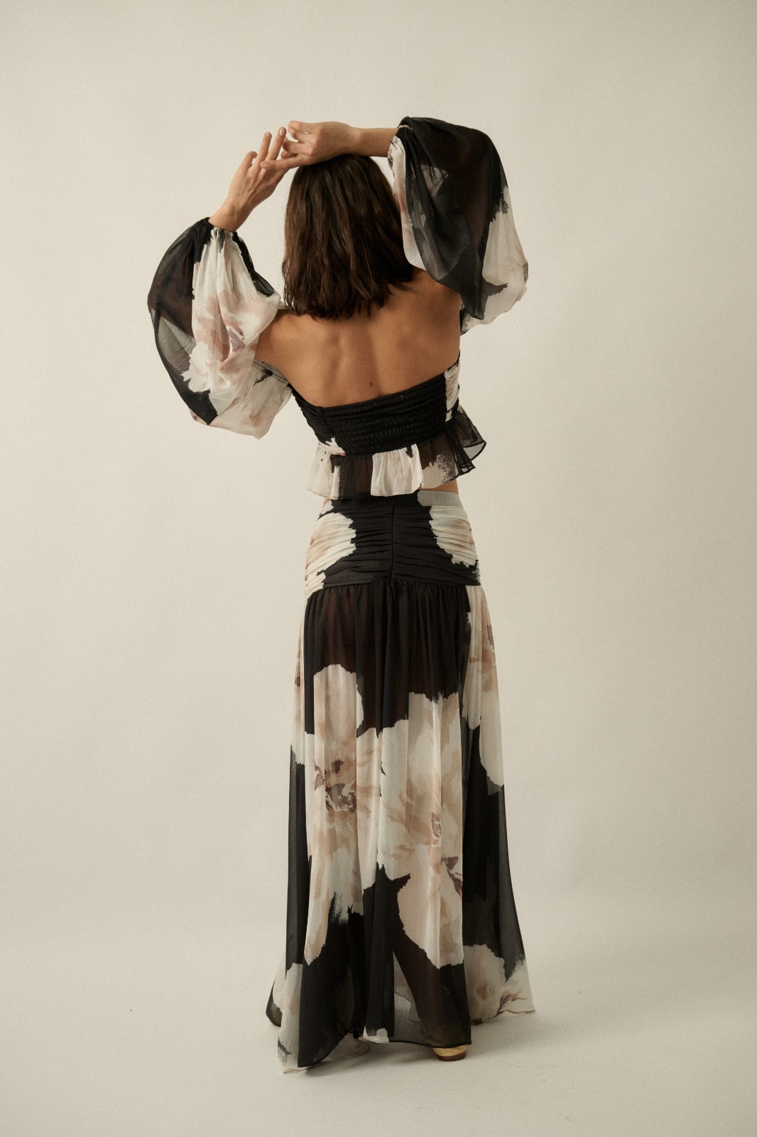 Set Falda y Blusa crop mangas gasa flores