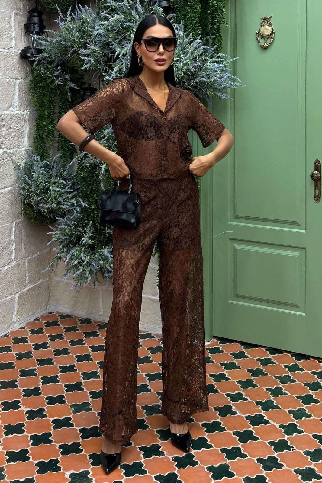 Set Pantalón y Blusa encaje Café – Fashion Styled