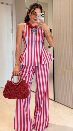Set Pantalón y Blusa peplum rayas bitono