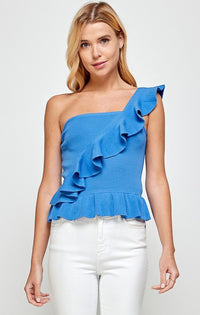 Fashion Styled Blusa un hombro olanes punto Azul