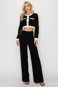 Fashion Styled Set Pantalón y Blazer crop Negro filos Blancos