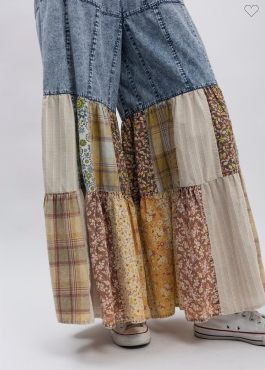 Pantalón denim maxi campana patchwork