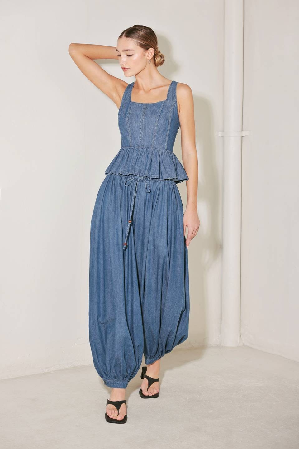 Pantalón globo cintura elástica Denim