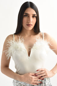 Fashion Styled Body terciopelo plumas Blanco