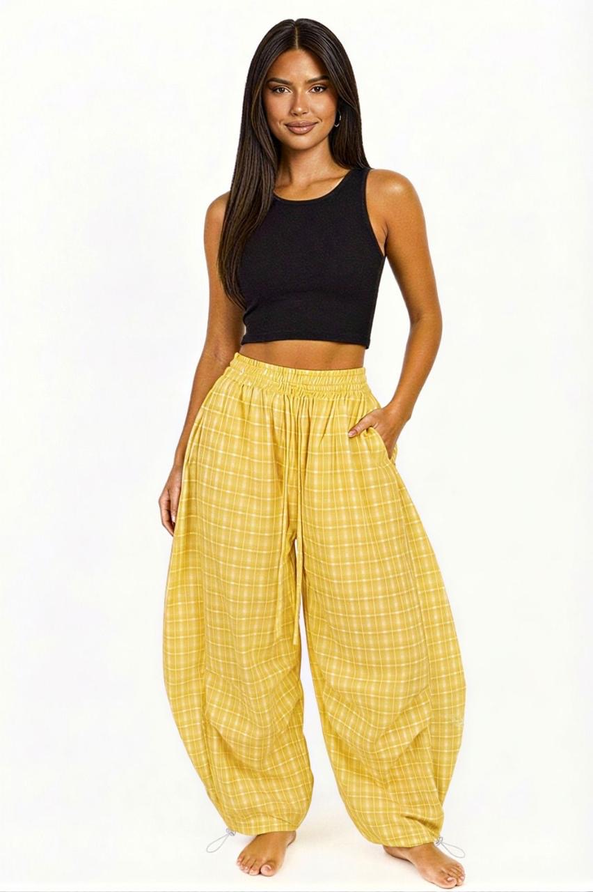 Pantalón barrel cuadros jaretas