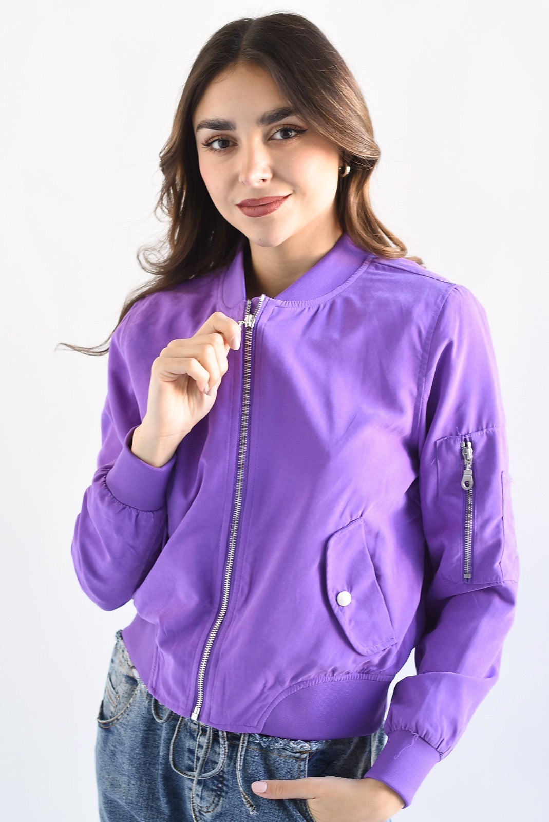 Chamarra Bomber piel de durazno Morado