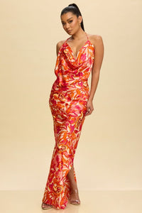 Fashion Styled Vestido largo espalda Flores Naranja