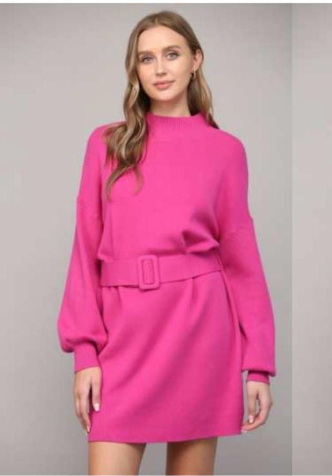 Vestido punto con cinturón Magenta