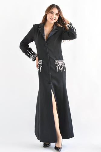 Vestido largo solapa satín Joyas Negro