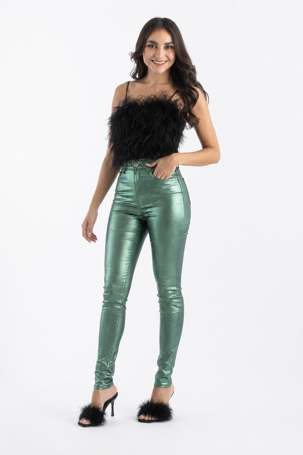 Pantalón skinny metalizado Verde
