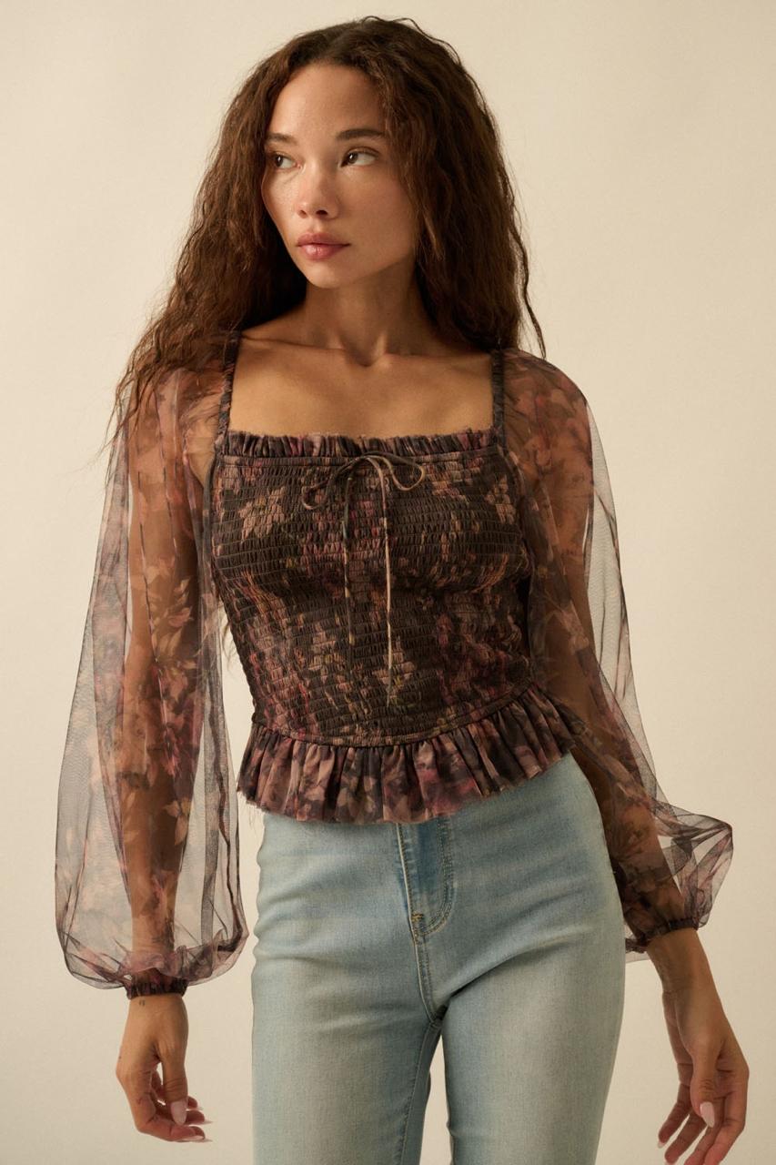 Set Falda mini plisada y Blusa mesh flores