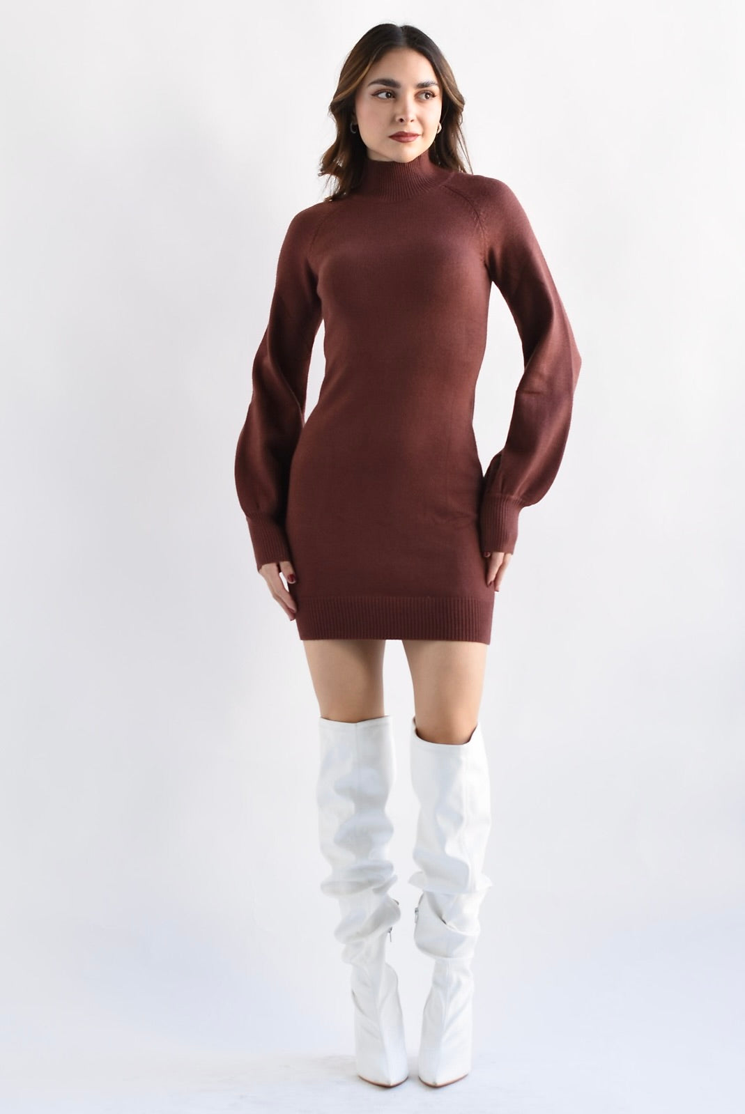 Vestido punto manga abullonada Café