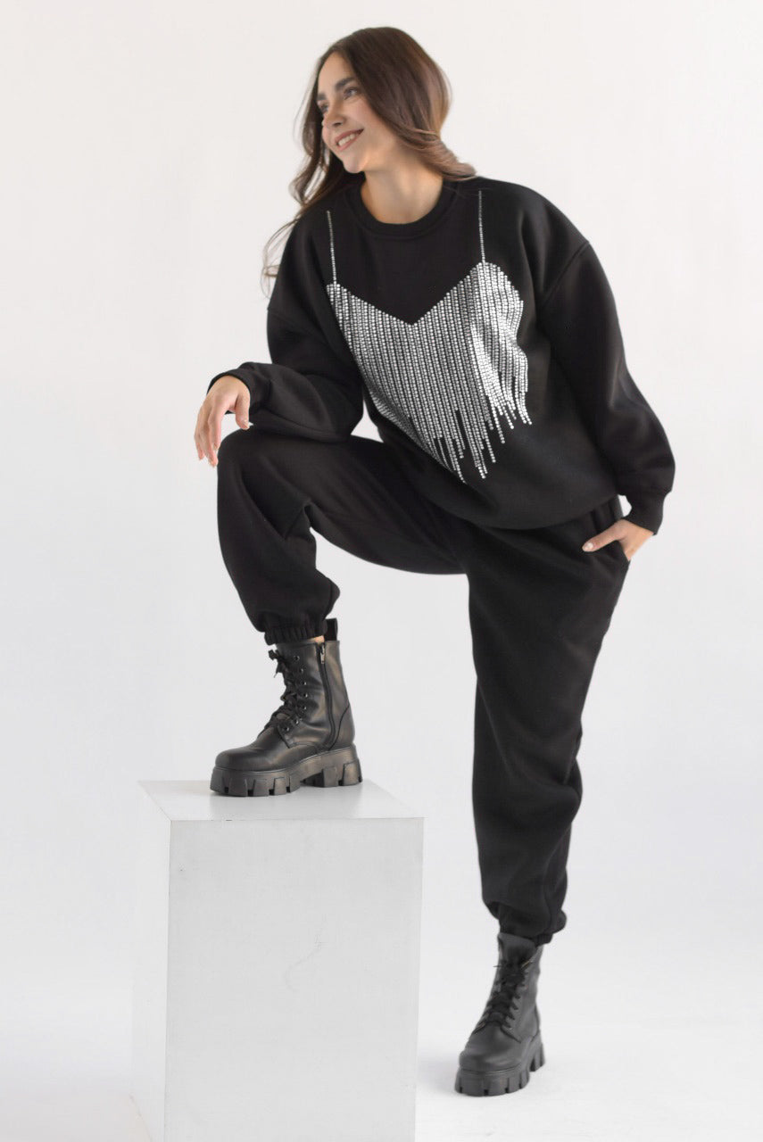 Set Pantalón y Sudadera corset brillos Negro