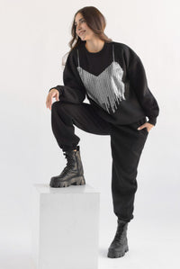 Fashion Styled Set Pantalón y Sudadera corset brillos Negro