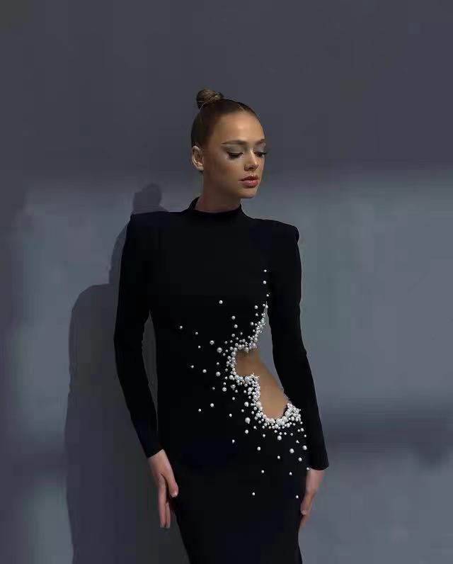 Vestido bandage transparencia perlas Negro