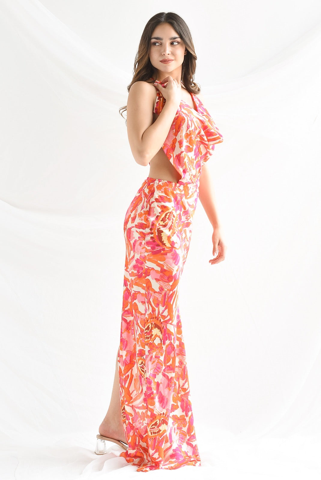Vestido largo espalda Flores Naranja