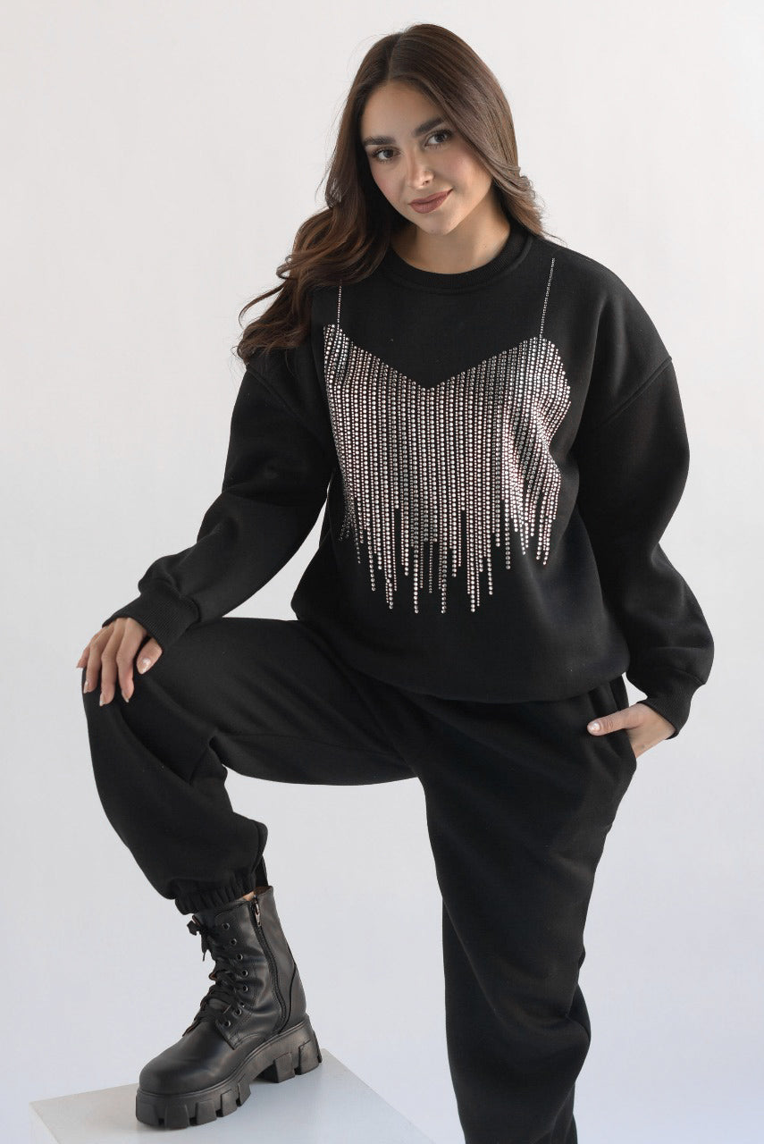 Set Pantalón y Sudadera corset brillos Negro