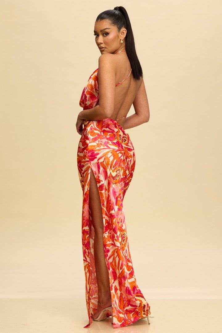 Vestido largo espalda Flores Naranja