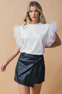 Fashion Styled Blusa manga tulle y brillos Blanca