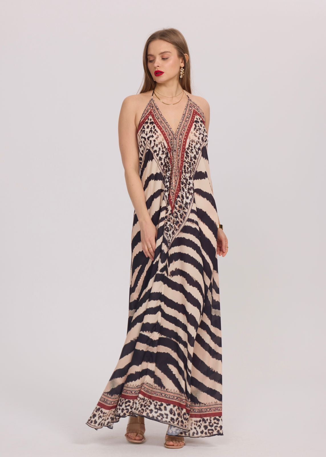 Vestido largo halter Zebra Espresso
