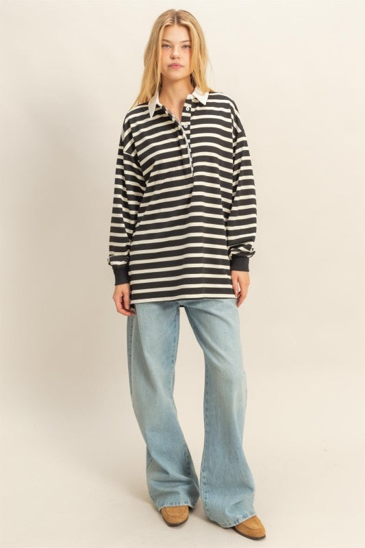 Blusa polo holgada rayas Negro