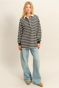 Fashion Styled Blusa polo holgada rayas Negro