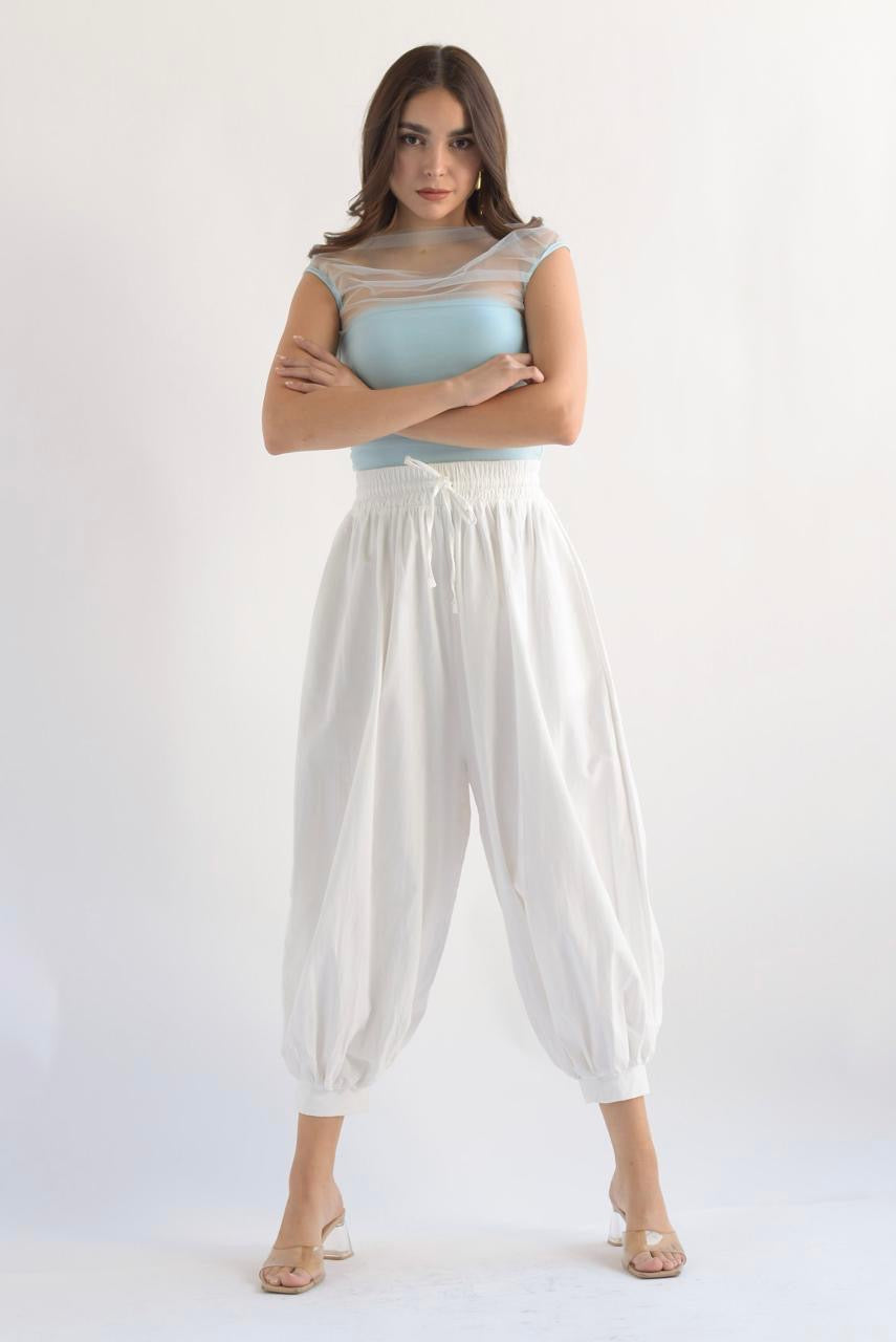 Pantalón globo cintura elástica Blanco