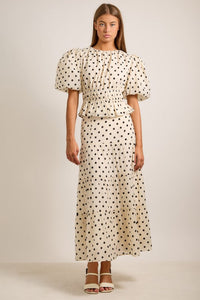 Fashion Styled Blusa peplum manga globo polka dots Ivory