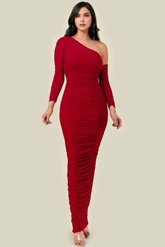 Vestido drapeado asimétrico mesh Rojo